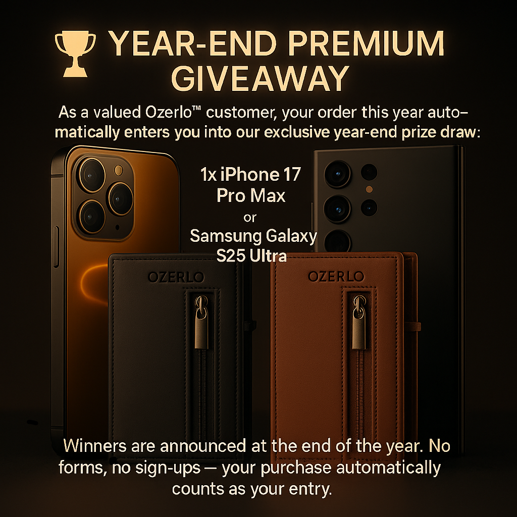 Promotional image for Ozerlo's year-end premium giveaway with phone cases and smartphones.