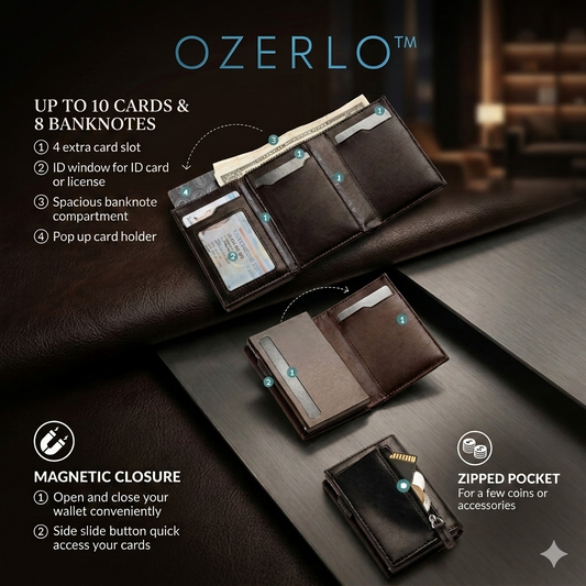 Brown leather wallet with features highlighted, including card slots and banknote compartment, on a dark background.