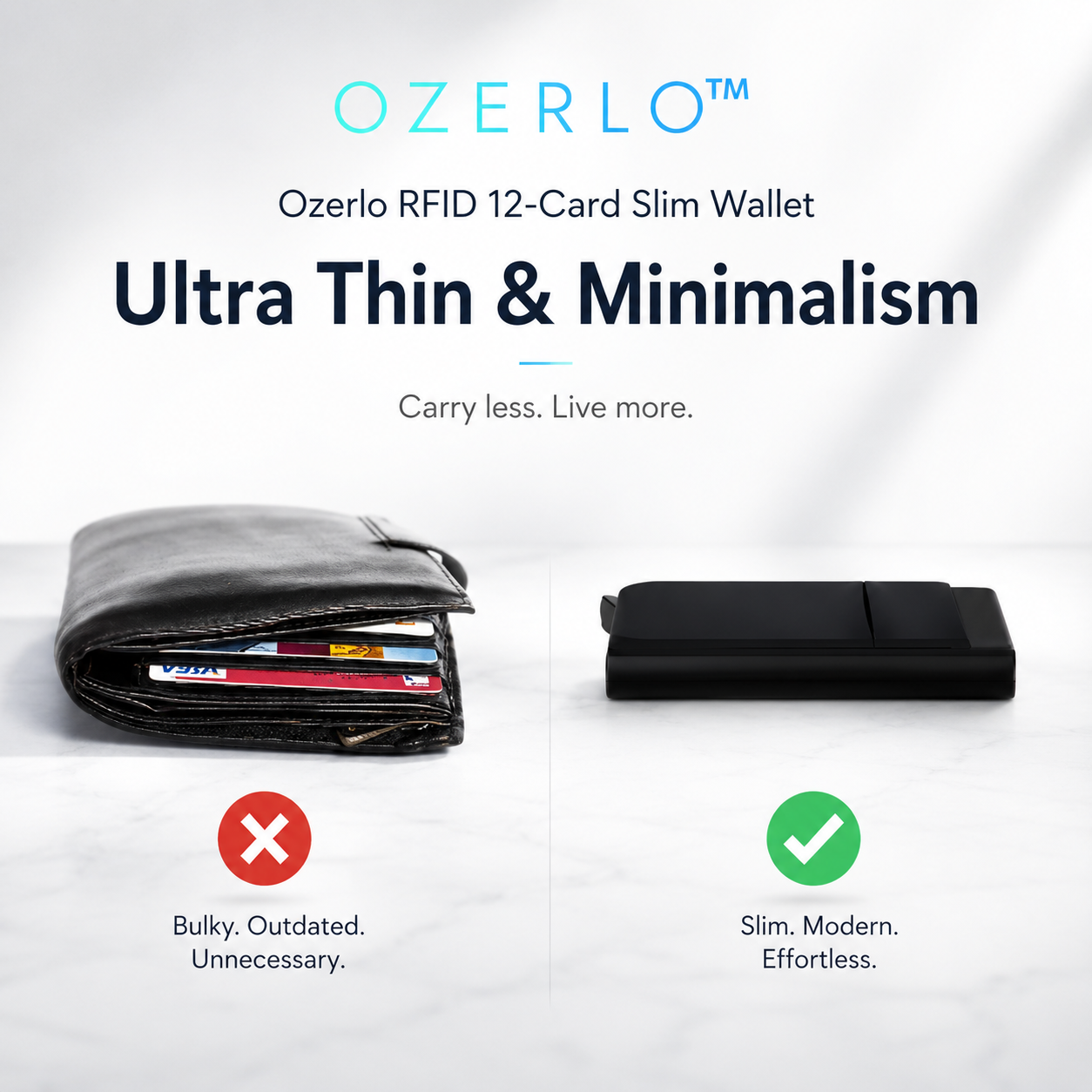 Ozerlo RFID 12-Card Slim Wallet in comparison with normal bulky wallet