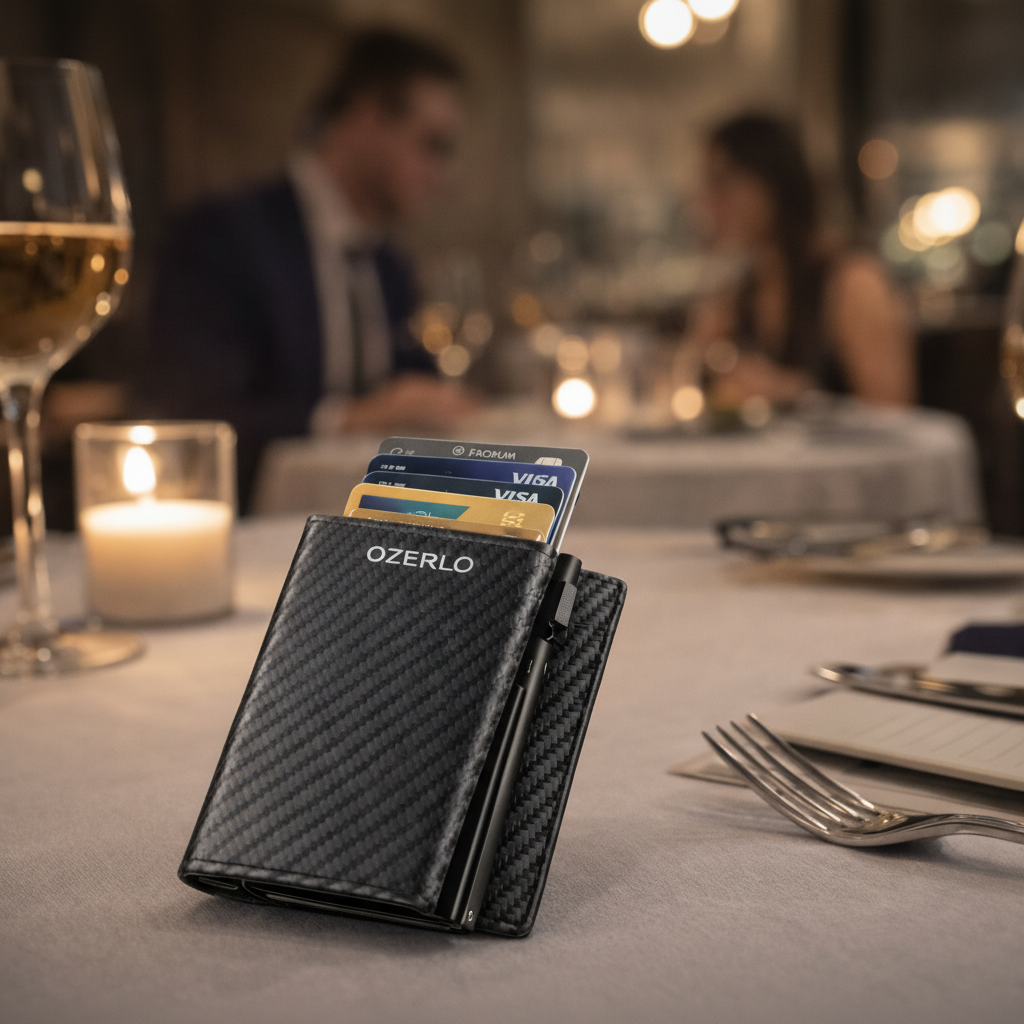 Ozerlo_SlideGuard_ carbon FiberWallet_Executive with cards on a table setting with wine glasses and candles