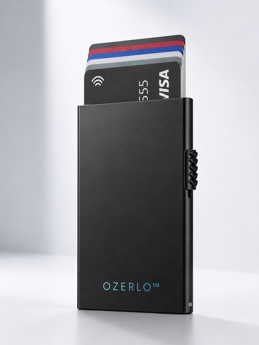 Ozerlo SlimPocket Wallet black slim metal card holder with quick access cards on a light background