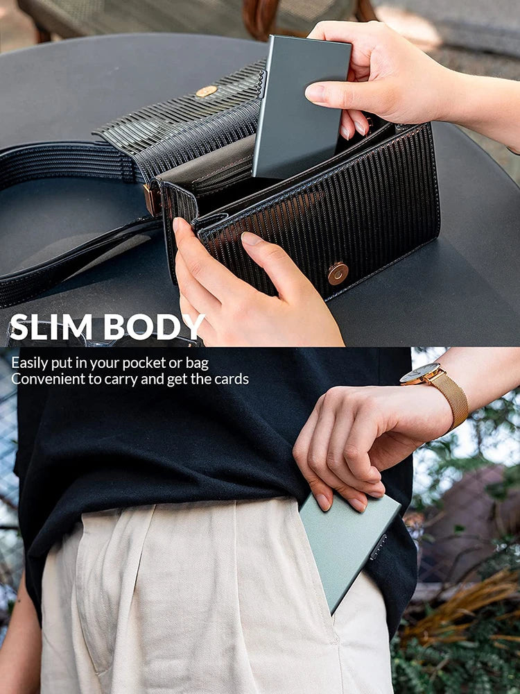 Ozerlo SlimPocket Wallet showing slim metal card holder being placed in a bag and pocket for easy everyday carry