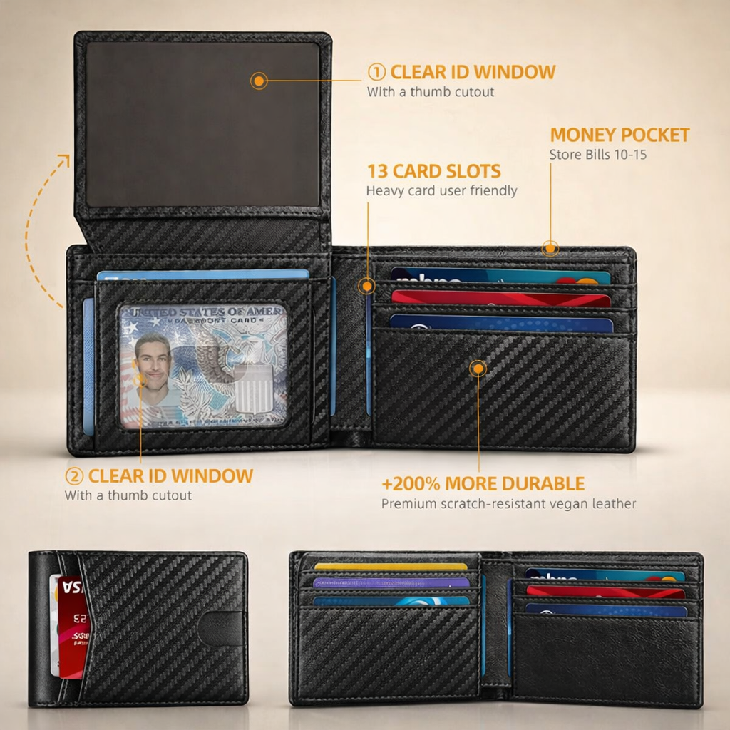 Black carbon fiber wallet with clear ID window and card slots on a beige background