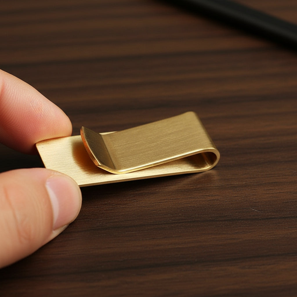Gold money clip held between fingers on a white background