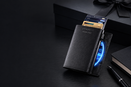 Black Ozerlo SlideGuard pop-up wallet with cards extended on a dark desk