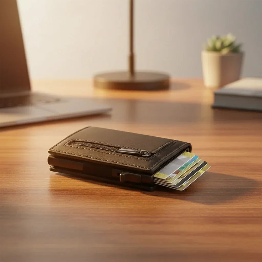 A slim sliding card wallet placed on a wooden desk, showing the cards partially extended from the slide mechanism.