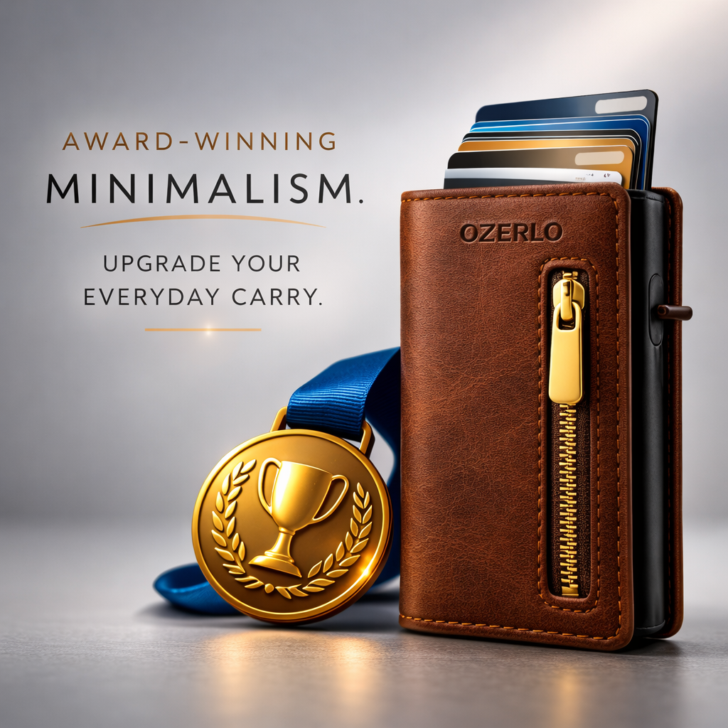 Ozerlo SlideGuard pop up wallet in brown leather with zipper and award medal, slim RFID minimalist wallet for men