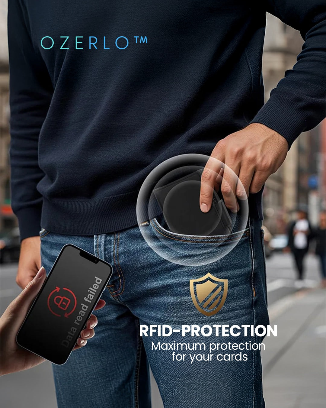 Person using Ozerlo RFID protection device on jeans with smartphone showing 'Card read failed' message.