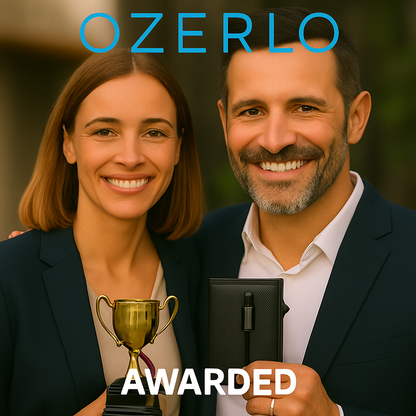 Two people holding a trophy and an award, with 'Ozerlo' branding above.