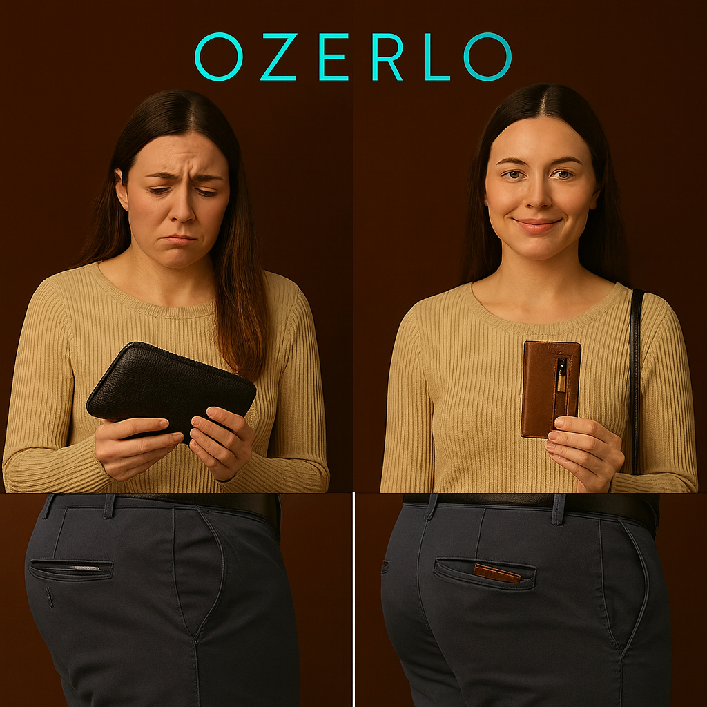 Woman holding a black wallet with a frown and then a brown wallet with a smile, against a brown background with 'Ozerlo' branding.