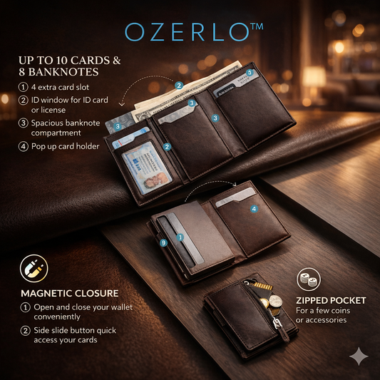 Brown leather wallet with features highlighted on a wooden surface