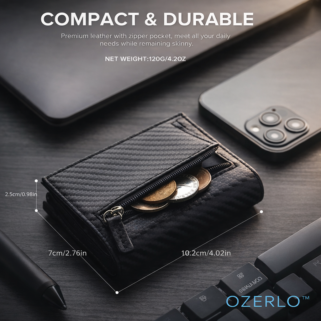 Black leather wallet with zipper pocket on a dark surface with phone and keyboard, featuring 'Ozerlo' brand.