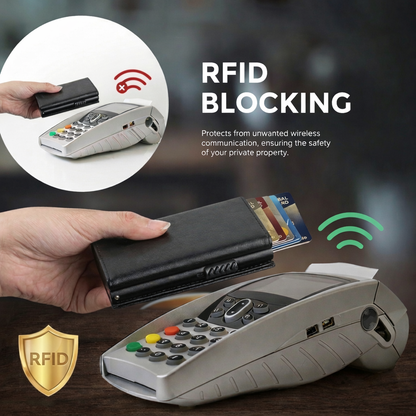 RFID blocking wallet being used to protect against wireless communication near a credit card reader.