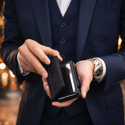 Person in a suit holding a black wallet with a blurred background