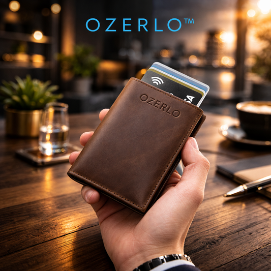 Hand holding a brown leather wallet with cards, branded 'Ozerlo', in a cozy indoor setting.