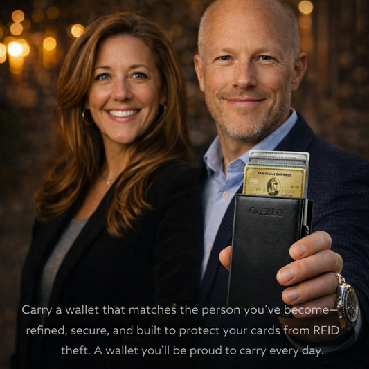 Man and woman holding a wallet with a card, with a blurred background