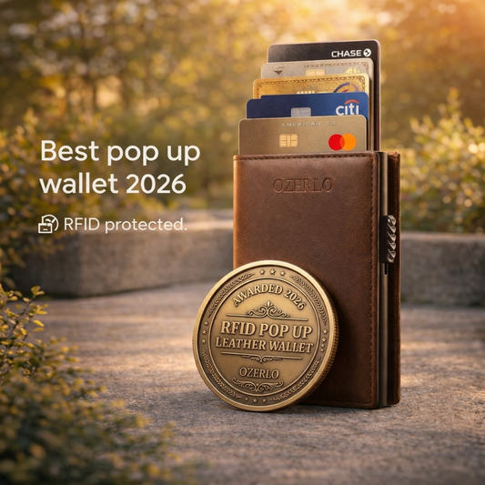 Brown leather wallet with cards and 'Best pop up wallet 2026' award on a blurred natural background
