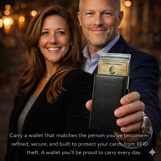 Man and woman holding a black wallet with money, with text about wallet features.