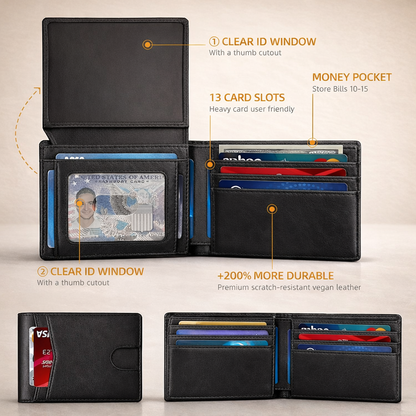 Black wallet with clear ID window and card slots on a beige background