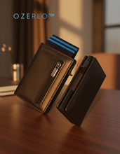 Load image into Gallery viewer, Black wallet with card holder and Ozerlo branding on a white background