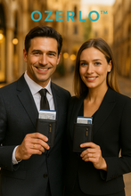 Load image into Gallery viewer, Two professionals in suits holding black leather briefcases with &#39;Ozerlo&#39; logo.