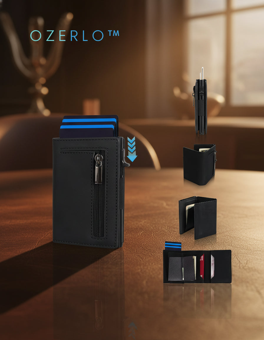 Black wallet with card slots and pen holder, featuring Ozerlo branding.