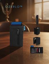 Load image into Gallery viewer, Black wallet with card slots and pen holder, featuring Ozerlo branding.