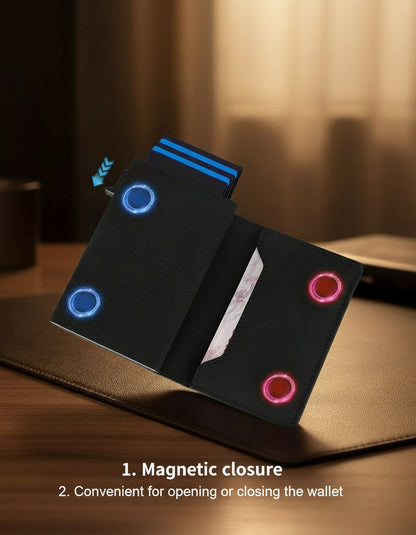 Black wallet with magnetic closure feature illustrated on a white background, branded 'Ozerlo'.