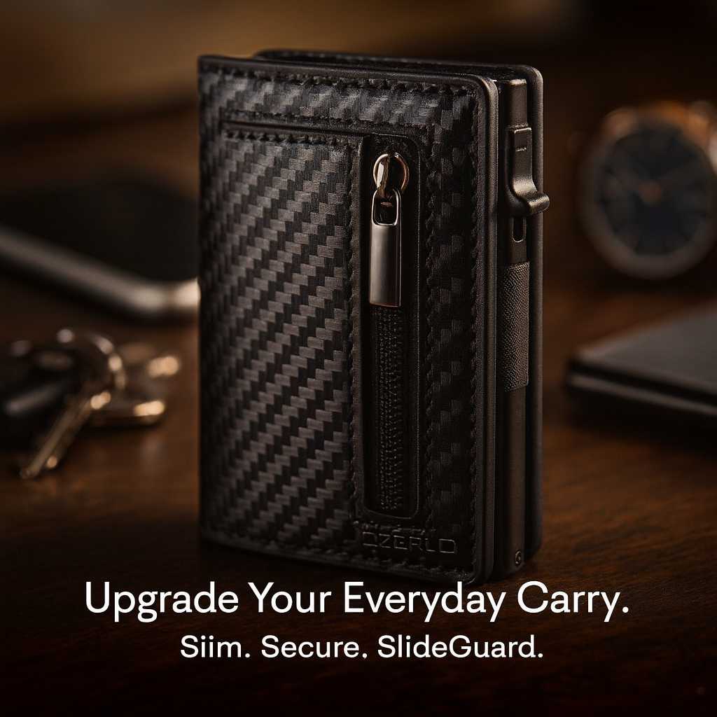 Carbon fiber patterned wallet with text 'Upgrade Your Everyday Carry' on a dark background