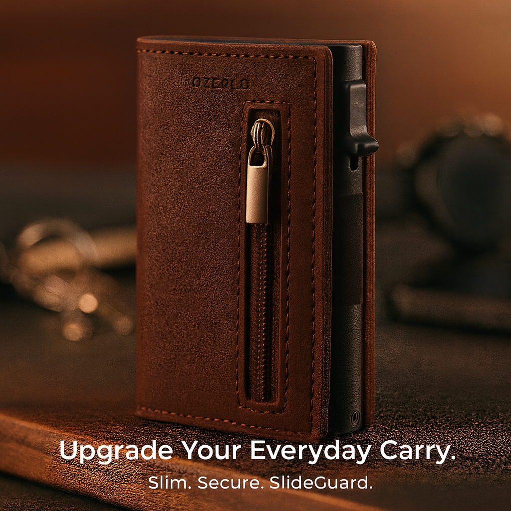 Brown leather phone case with zipper on a wooden surface, blurred background