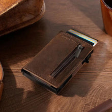 Load image into Gallery viewer, Brown leather wallet with card holder on a wooden surface