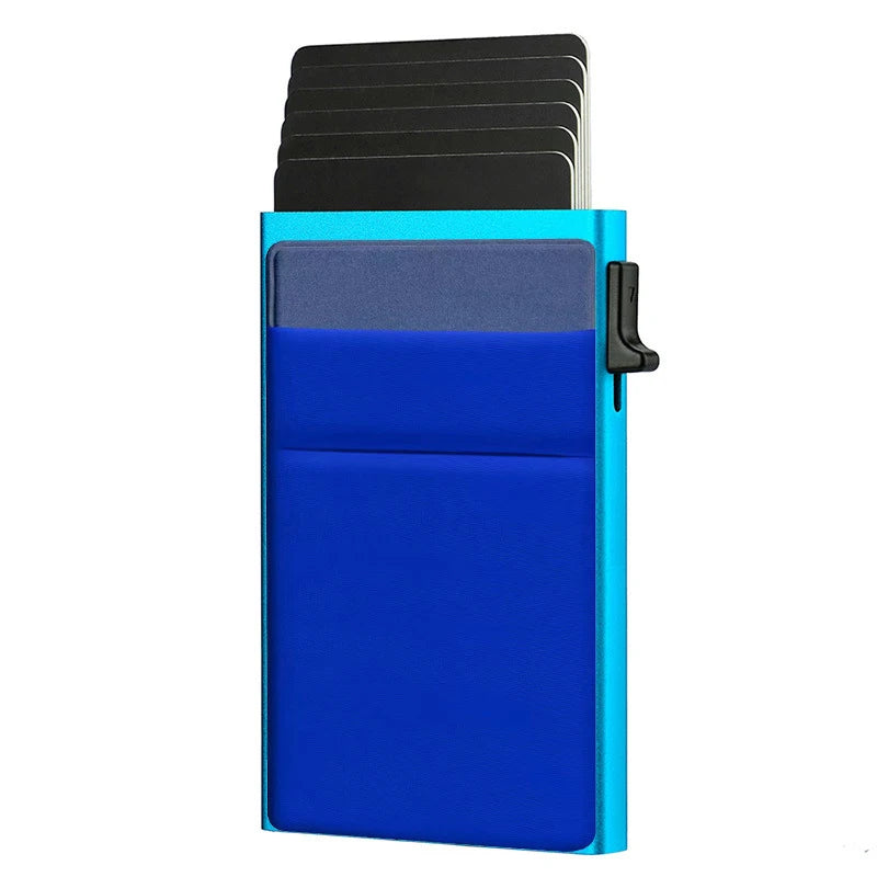 Blue cardholder with multiple card slots on a white background