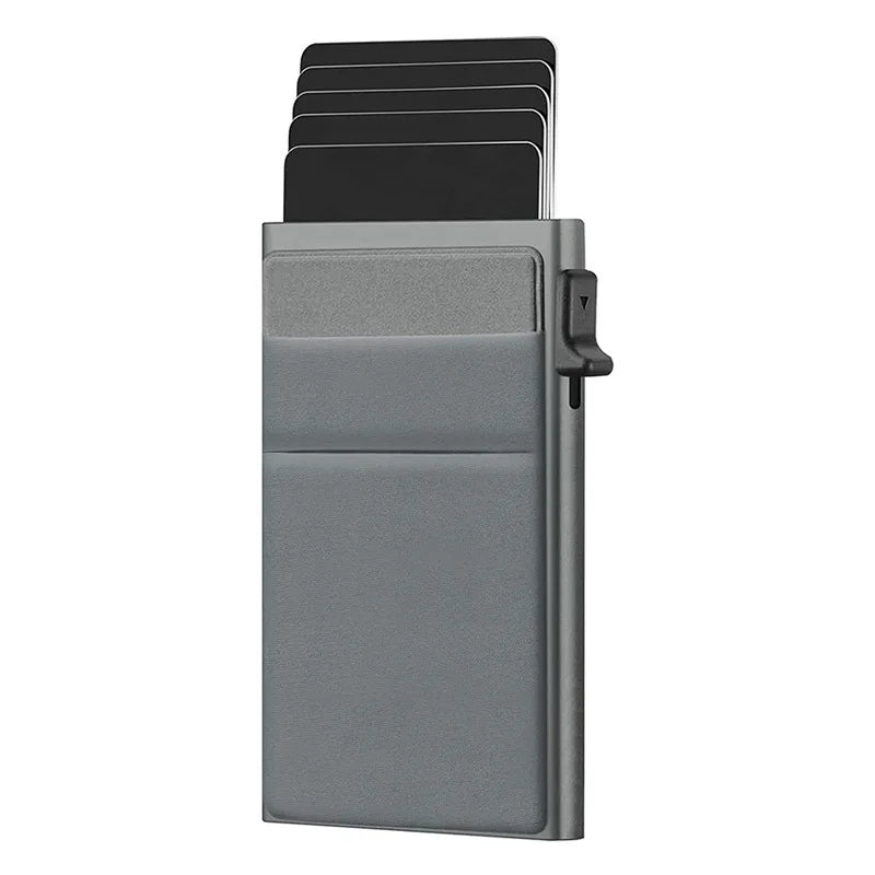 Gray cardholder with multiple cards on a white background