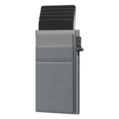 Gray cardholder with multiple cards on a white background