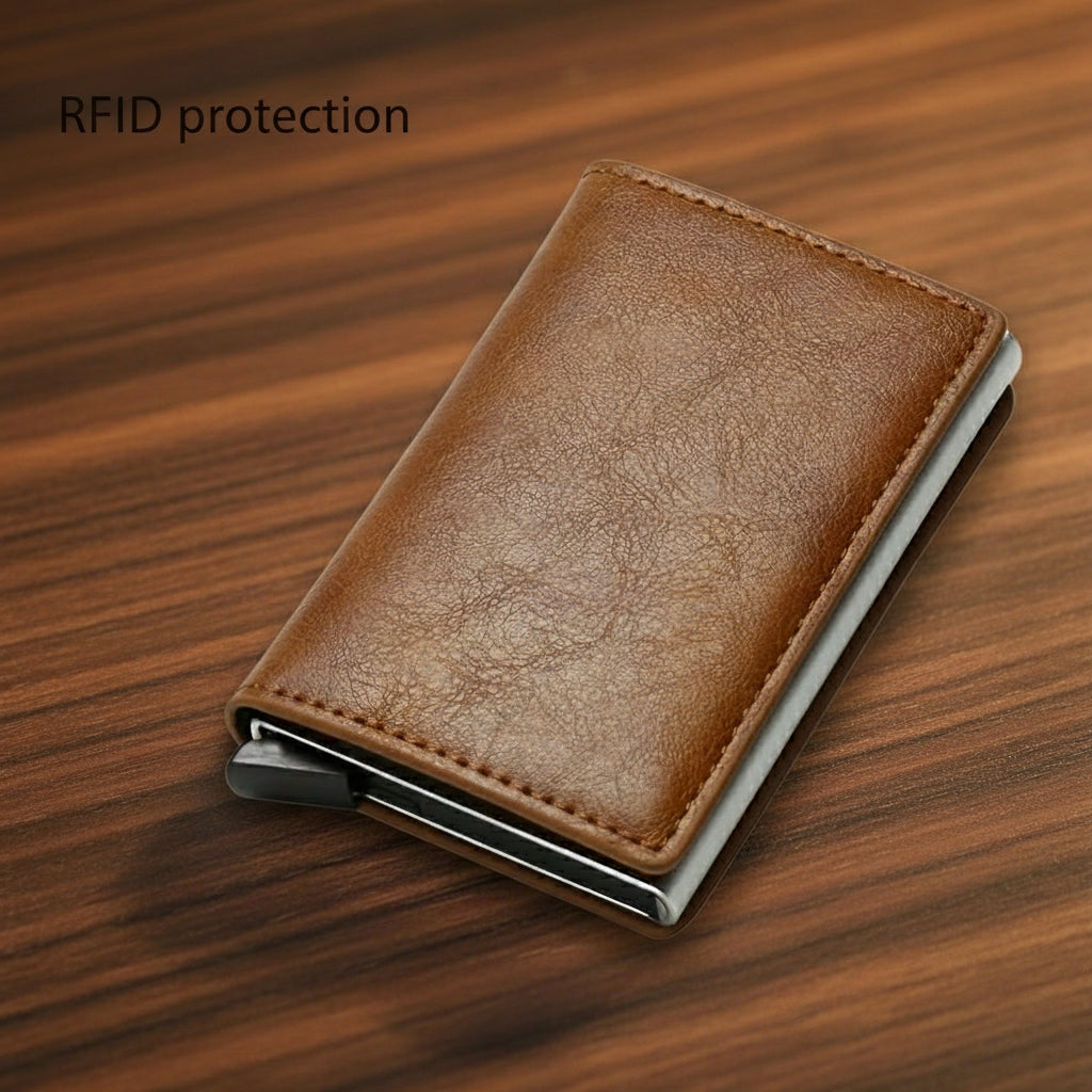 Brown leather wallet with metal clip on a wooden surface, labeled 'RFID protection'.