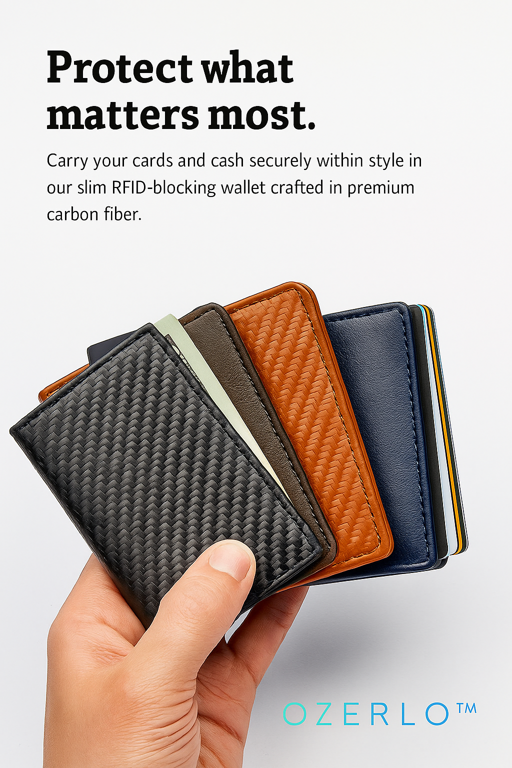Carbon fiber wallets held by a hand with promotional text about security and style.