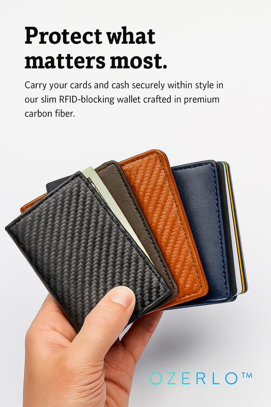 Carbon fiber wallets held by a hand with promotional text about security and style.