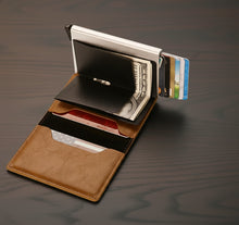 Load image into Gallery viewer, Brown wallet with features highlighted on a white background