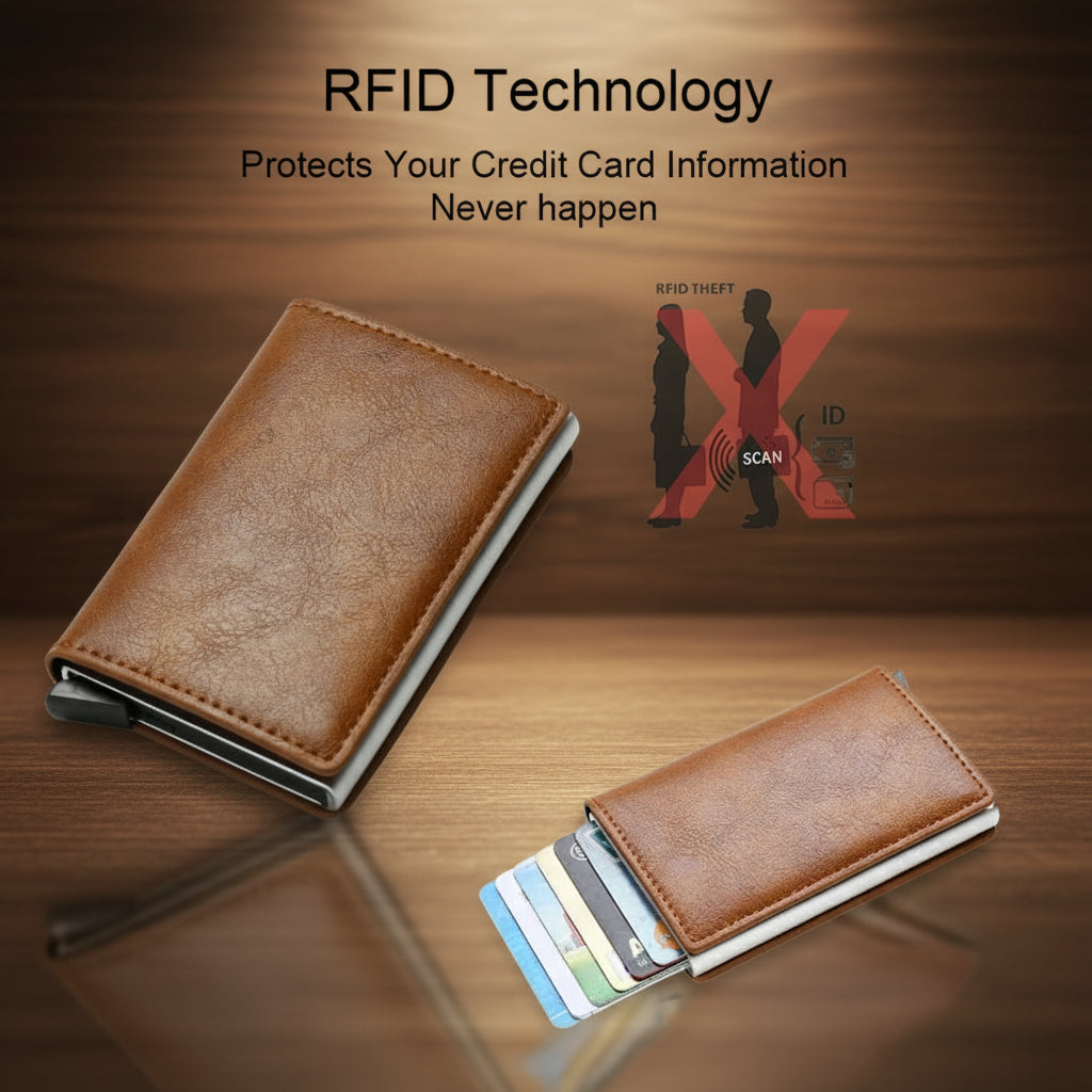 Brown RFID blocking wallet on a wooden surface with text about protecting credit card information.