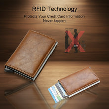 Load image into Gallery viewer, Brown RFID blocking wallet on a wooden surface with text about protecting credit card information.