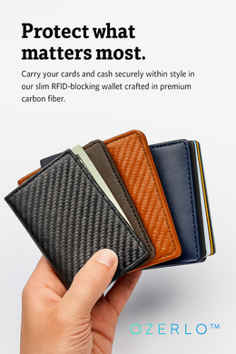 Carbon fiber wallets held by a hand with promotional text about security and style.