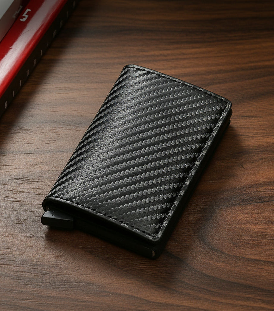 Black carbon fiber wallet on a wooden surface