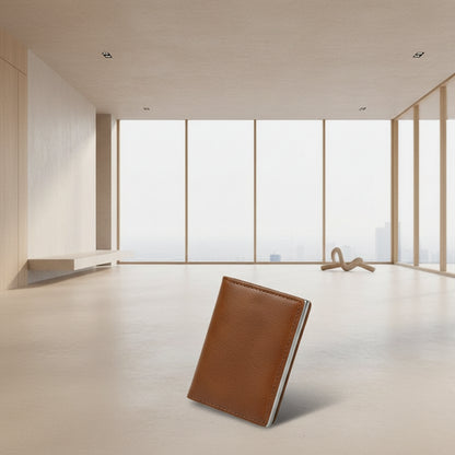 Brown wallet with card slots on a white background, featuring text about anti-theft protection.