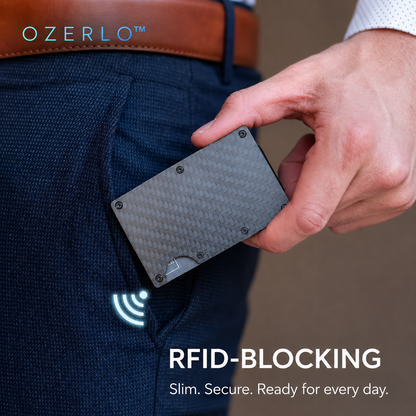 Person holding a carbon fiber wallet with RFID-blocking feature, branded 'Ozerlo'.