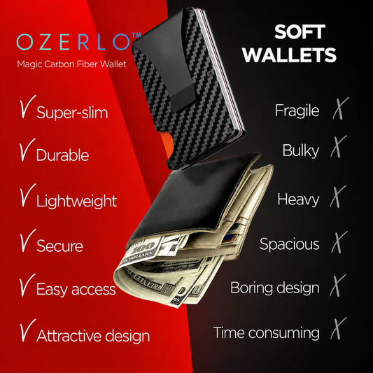 Ozerlo carbon fiber wallet with features listed on a red and black background