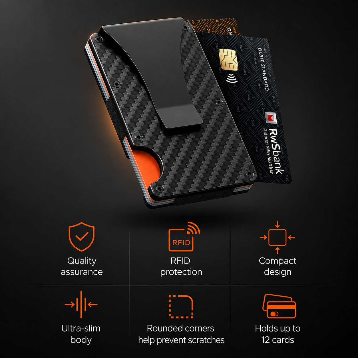 Carbon fiber wallet with card on a dark background