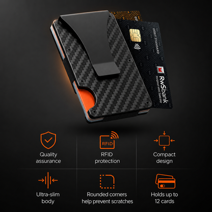 Carbon fiber wallet with card on a dark background