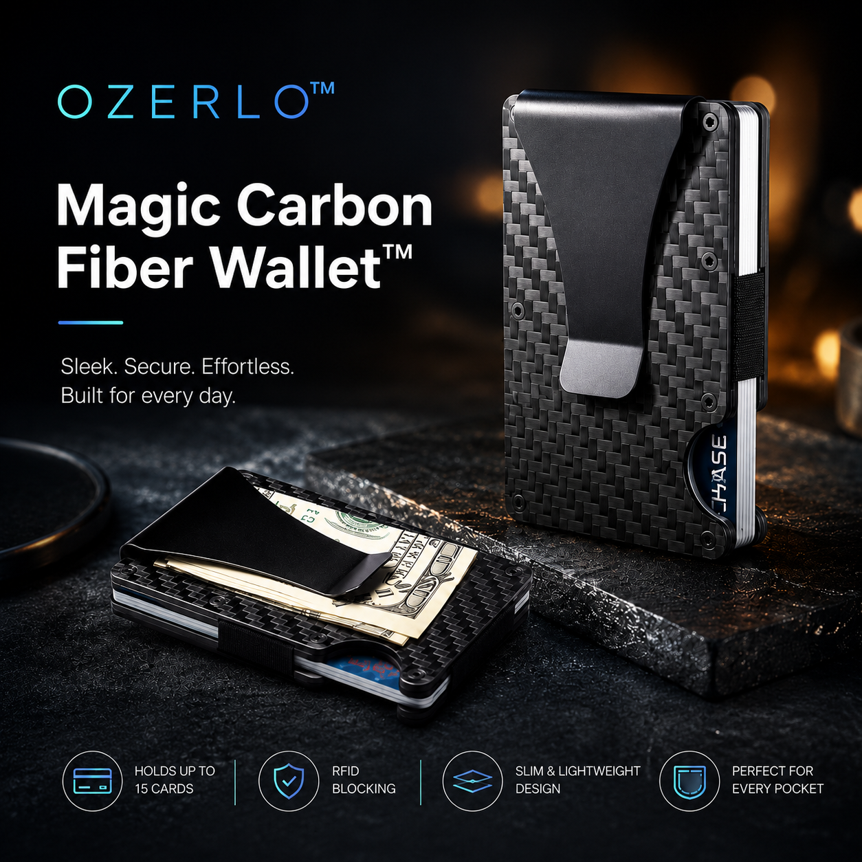 Carbon fiber wallet with money clip on a dark surface, featuring Ozerlo branding.