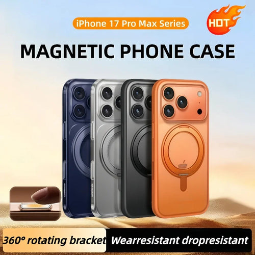 Magnetic phone case for iPhone 17 Pro Max Series with four color options on a gradient background.