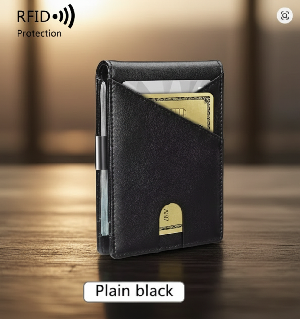 Black wallet with card holder and pen on a white background, featuring RFID protection.